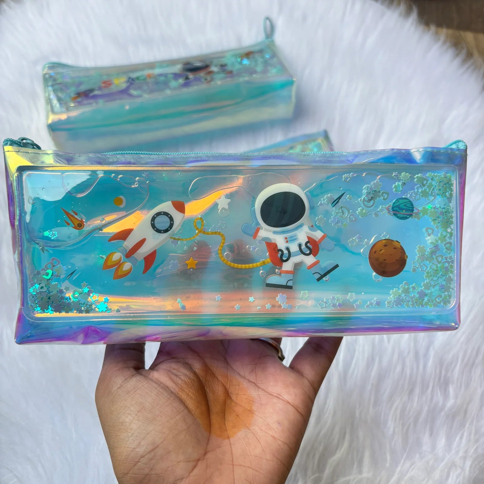 Premium water glitter space pouch in box package