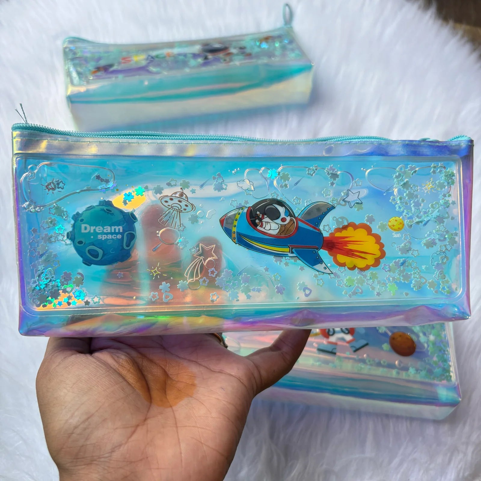 Premium water glitter space pouch in box package