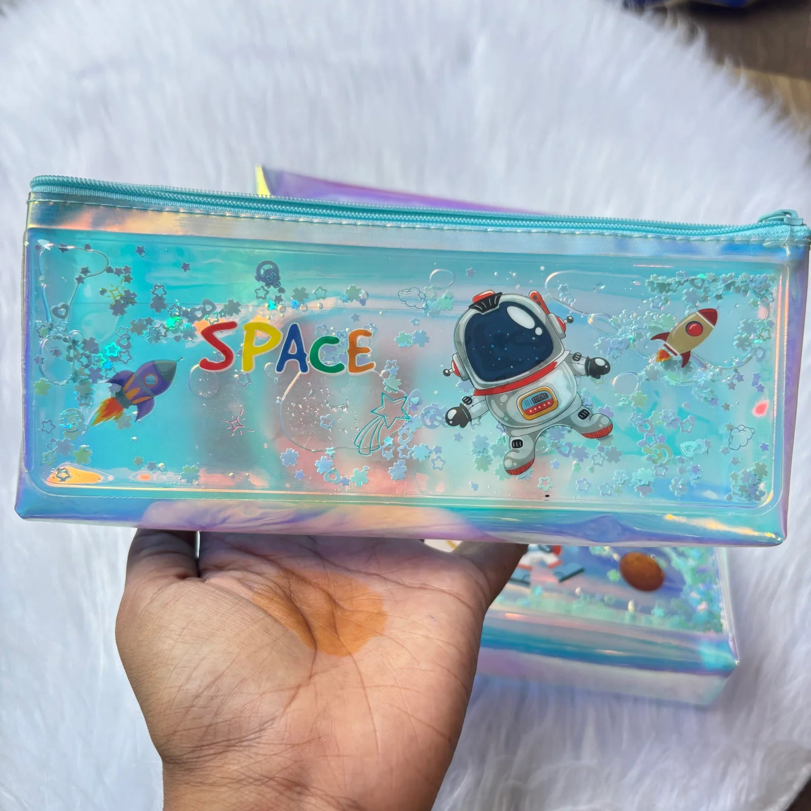 Premium water glitter space pouch in box package