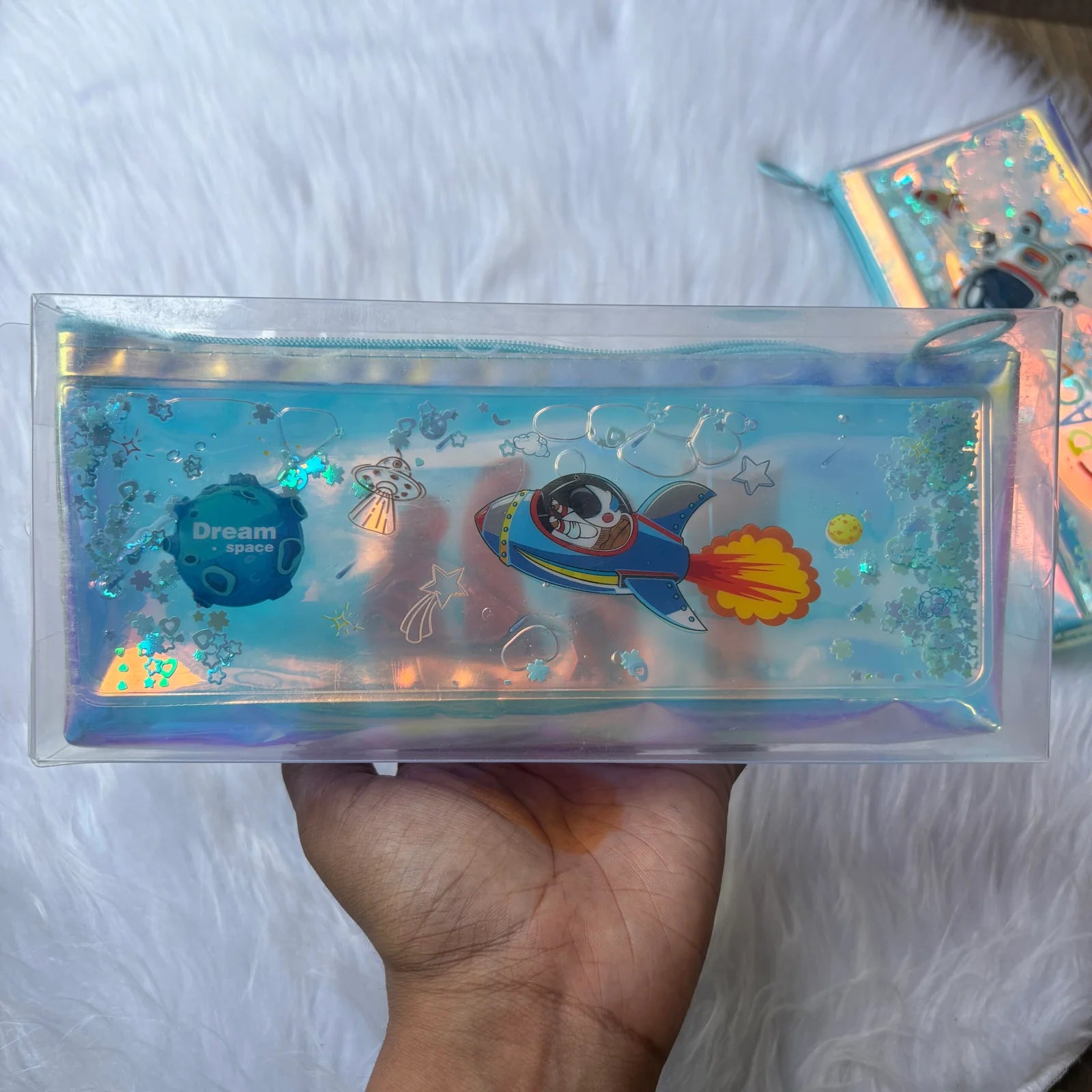 Premium water glitter space pouch in box package