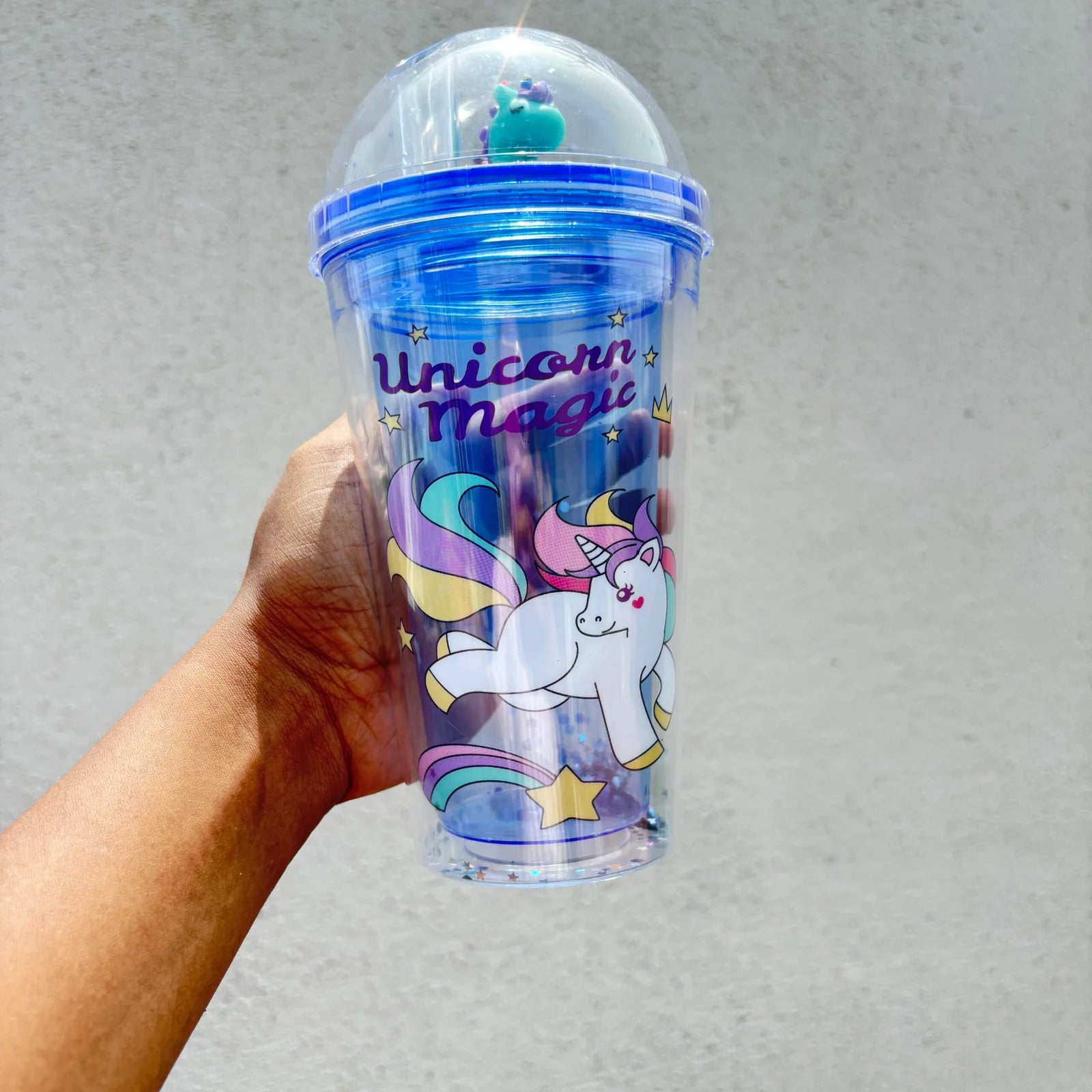 Premium unicorn blue sipper with straw and box packing 450 ml