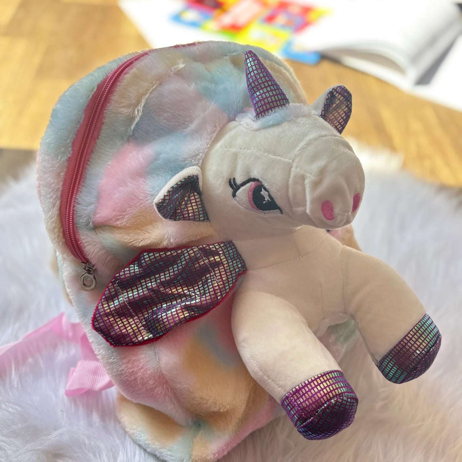Cute fur unicorn doll backpack (wings colour may differ)