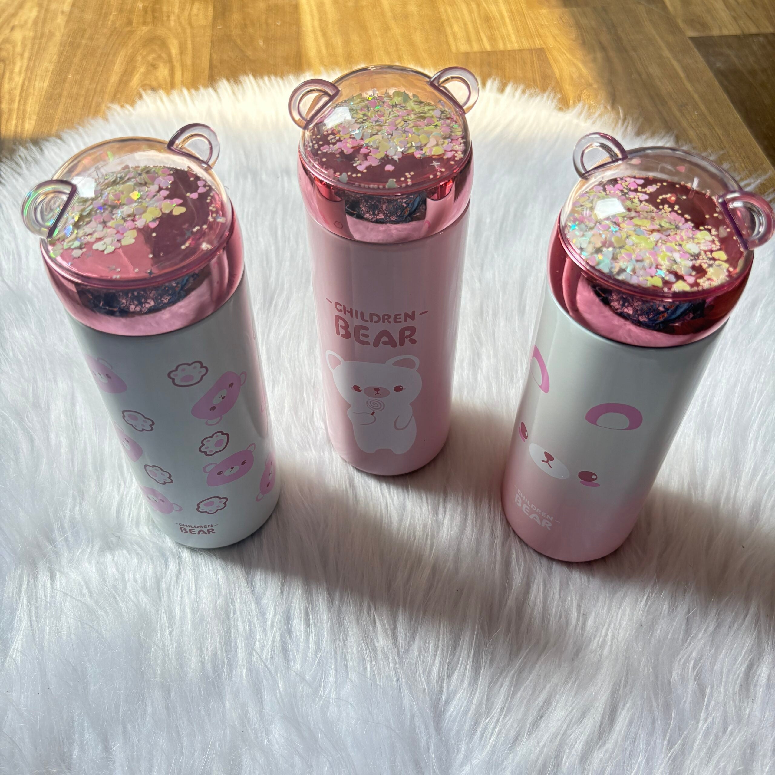 Premium quality bear flask bottle with moving glitter 400ml approx random