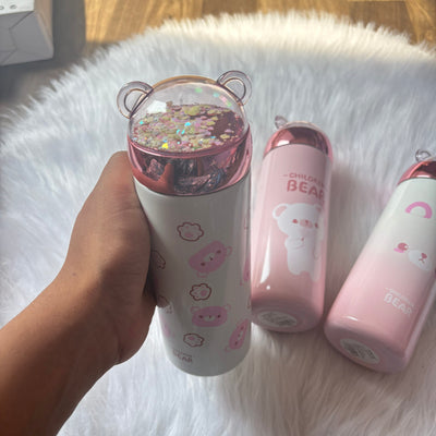 Premium quality bear flask bottle with moving glitter 400ml approx random