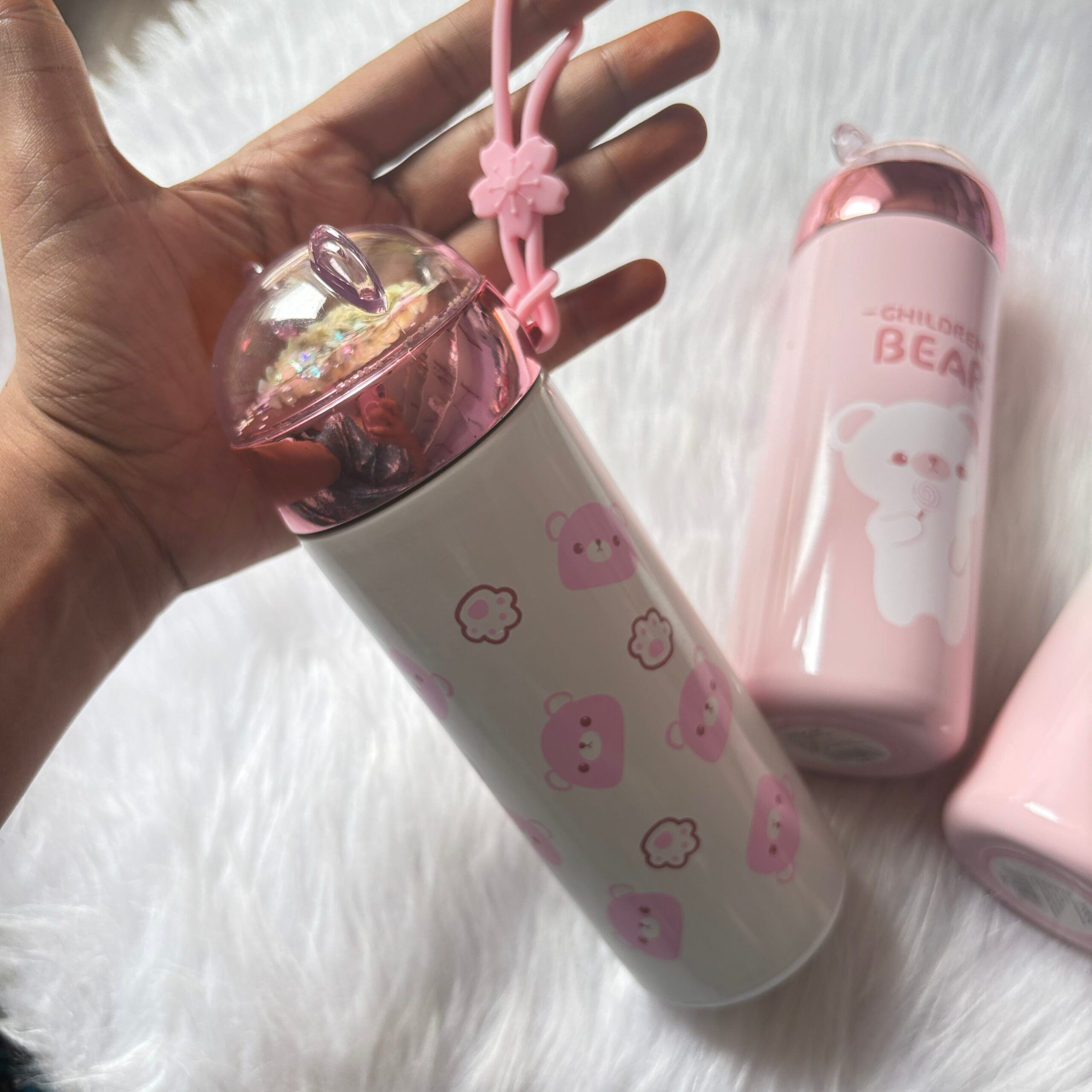 Premium quality bear flask bottle with moving glitter 400ml approx random