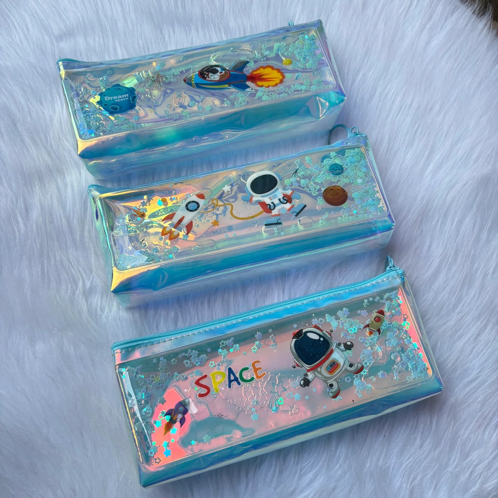 Premium water glitter space pouch in box package