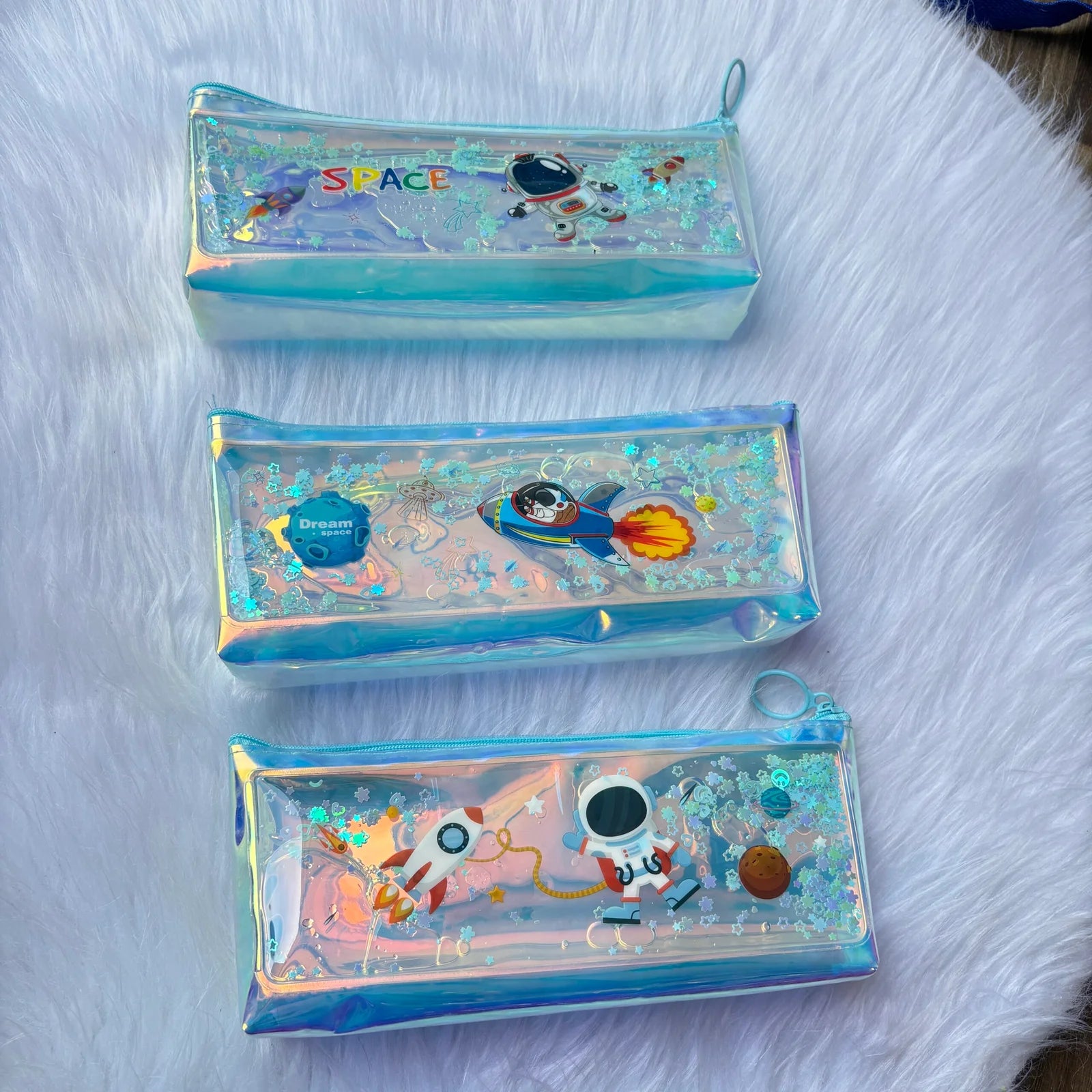 Premium water glitter space pouch in box package
