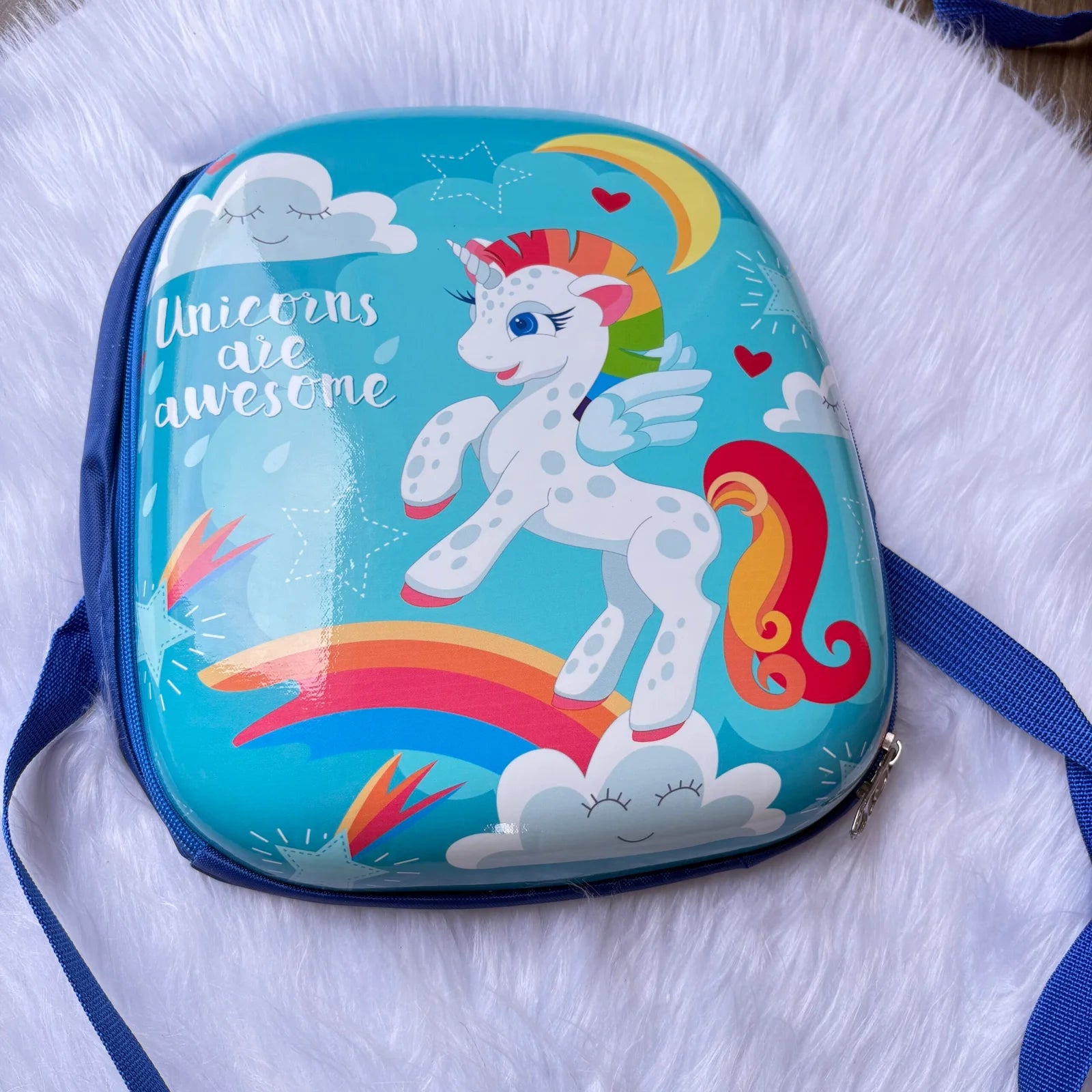 Hard shell unicorn blue backpack for kindergarten school kids