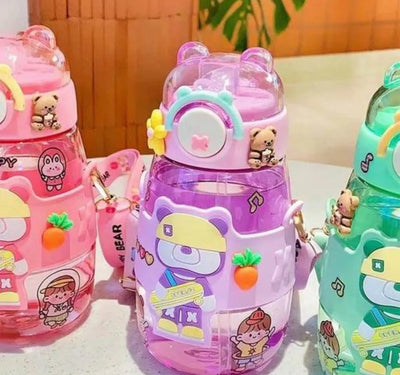 Cute ninja bear sipper bottle with 3d stickers and tag