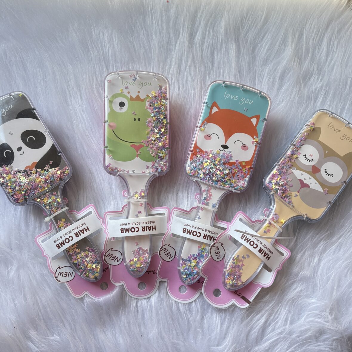 Cute animal theme paddle brushes with moving glitter premium quality