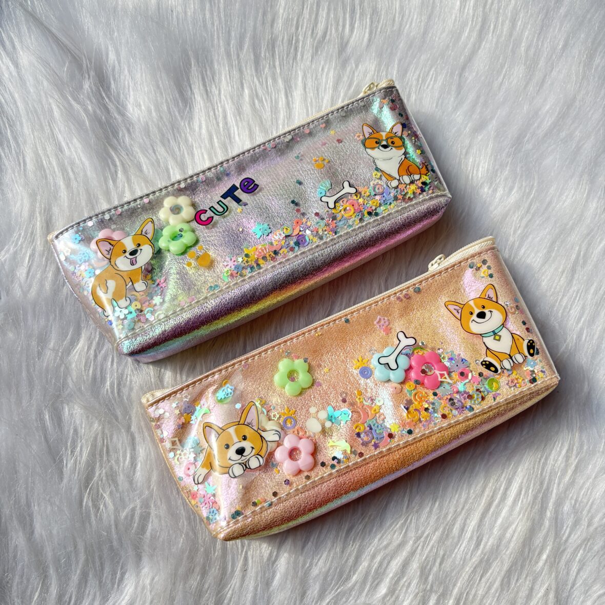 Cute dog moving glitter pouches